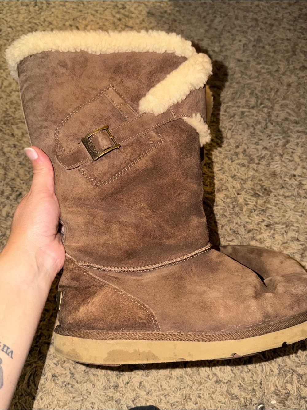 UGG Australia Brown Suede Shearling Buckle Boots Women's 9